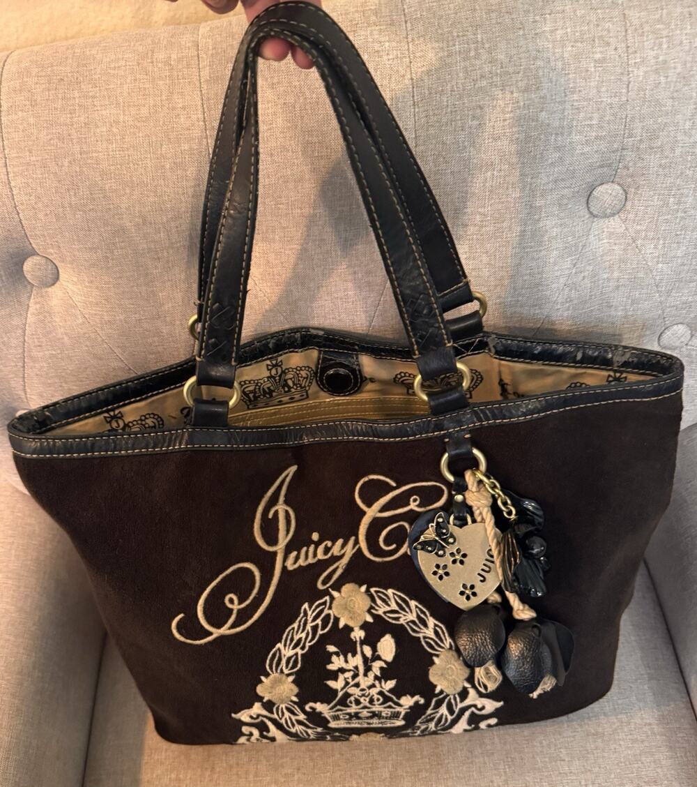 Vintage Y2K Juicy Couture Brown & Black Velour Tote Bag Charm Crown Cursive Logo